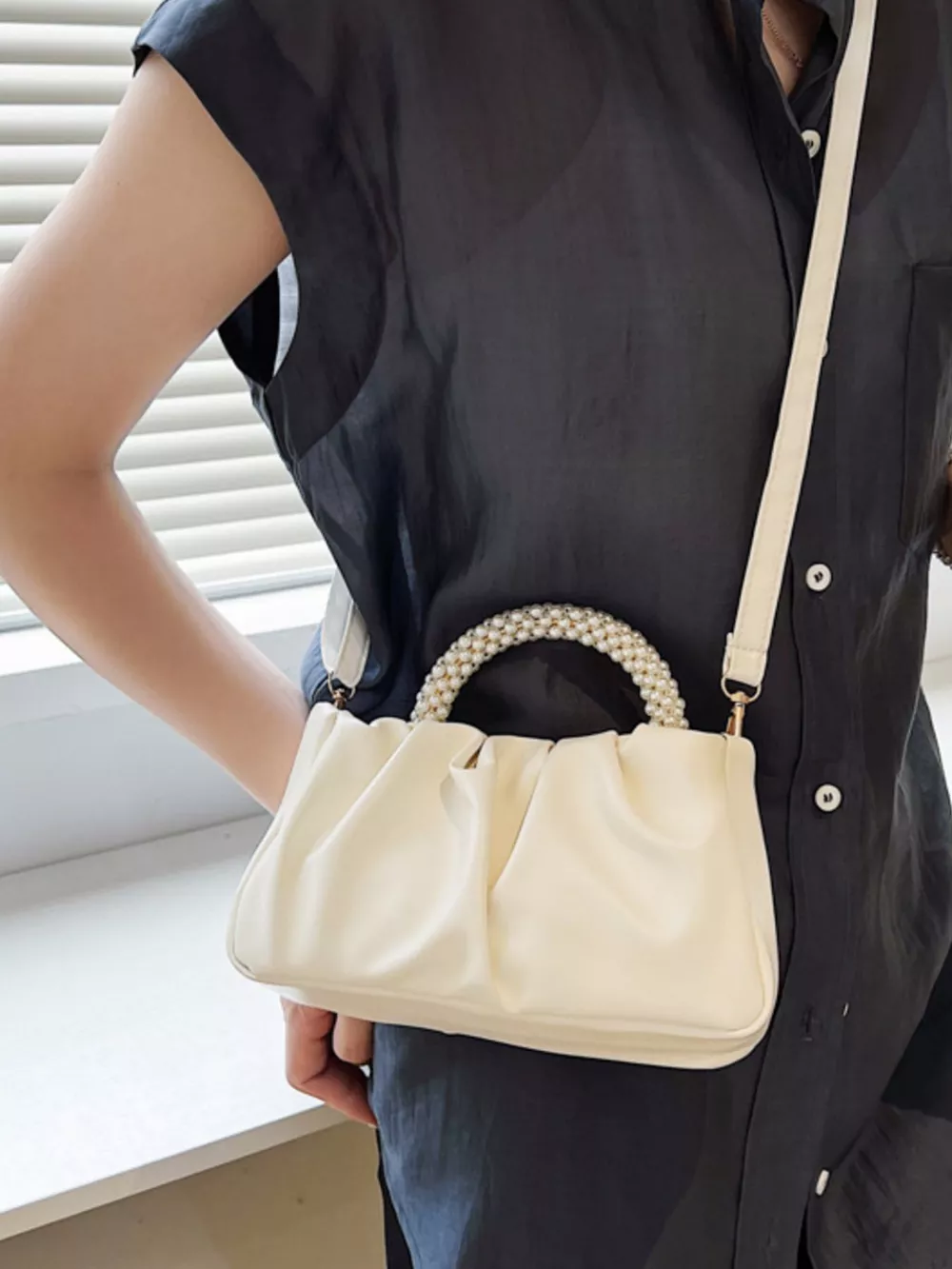 Pearl Handle Ruched Crossbody Bag, image 13