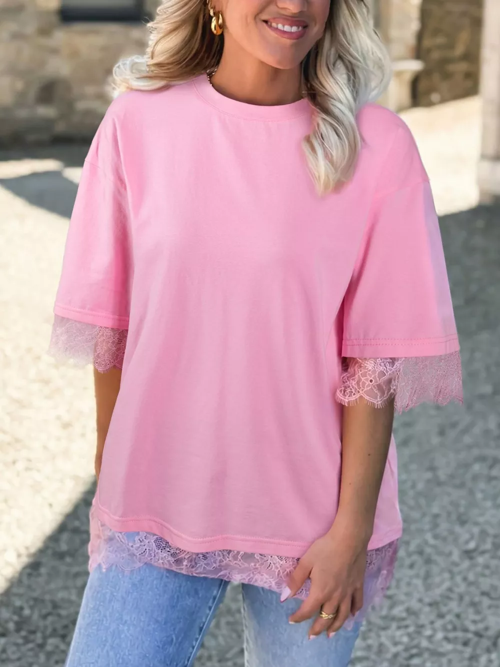 Floral Lace Patchwork Half Sleeve Oversize Tee, image 8