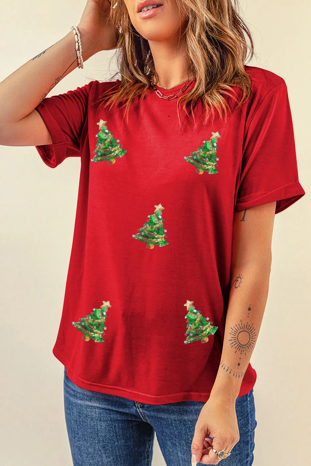 Sequin Christmas Tree Round Neck Short Sleeve T-Shirt, image 2
