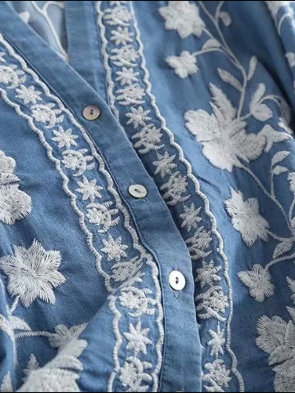Floral Embroidered Button Up Denim Shirt, image 9