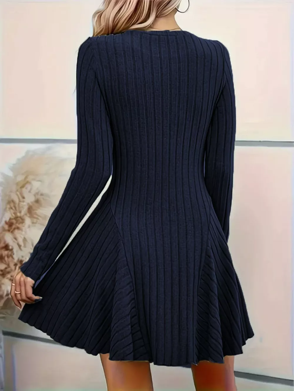 Ribbed Knit Long Sleeve A-Line Dress, image 17