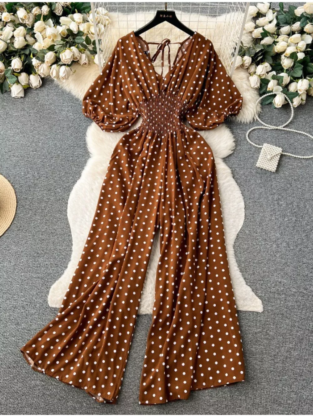Smocked V-Neck Wide Leg Jumpsuit, image 16