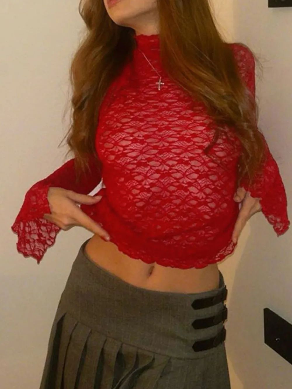 Mock Neck Lace Long Sleeve Mesh T-Shirt, image 5