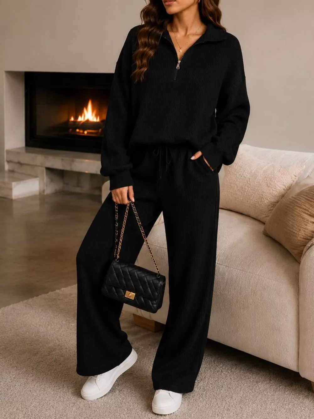 Cozy Ribbed Knit Quarter-Zip Top and Wide-Leg Set, image 13