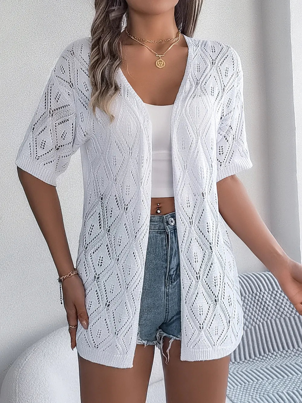 Openwork Open Front Half Sleeve Cardigan, image 5