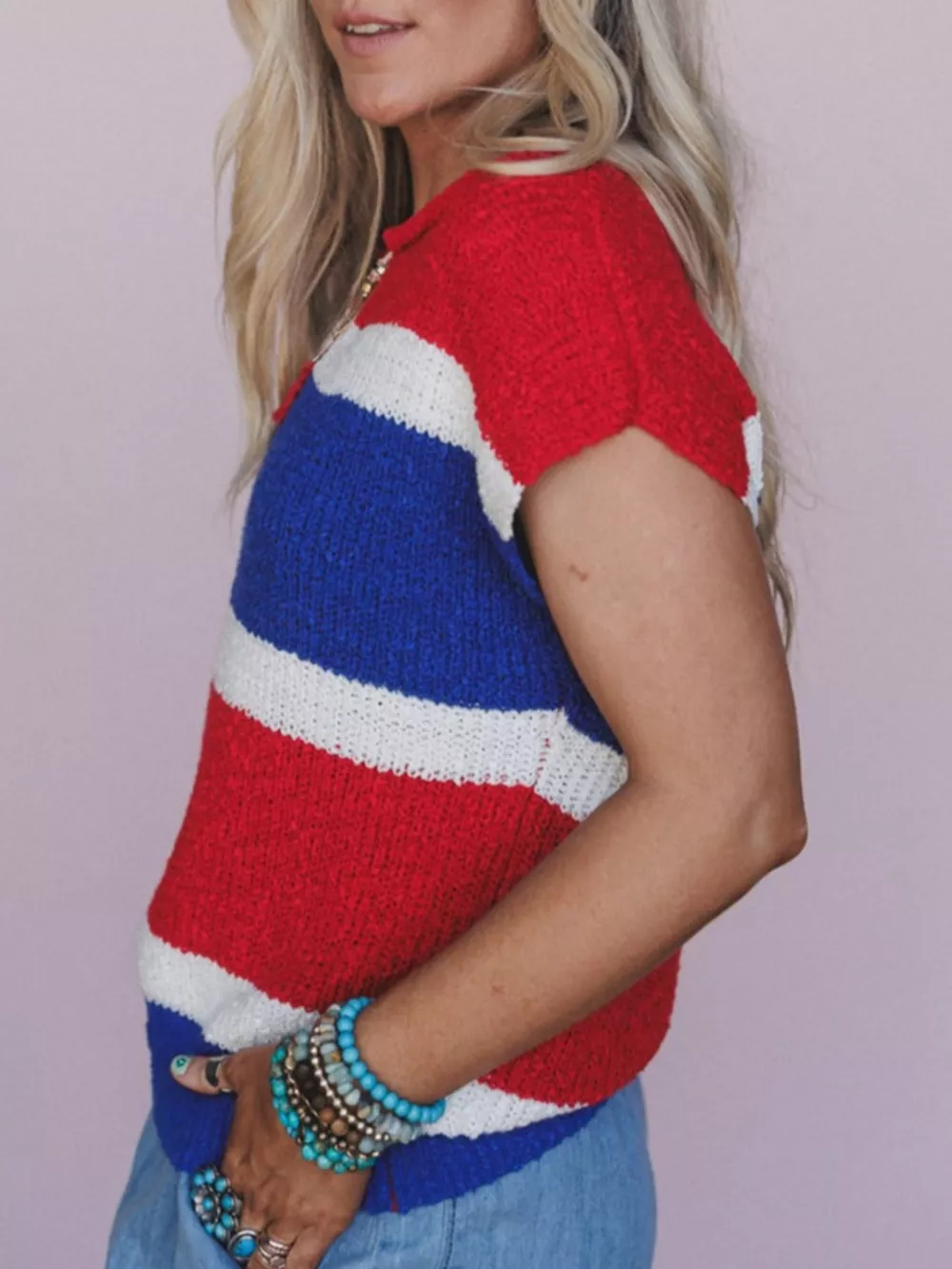 Striped Notched Short Sleeve Sweater, image 4