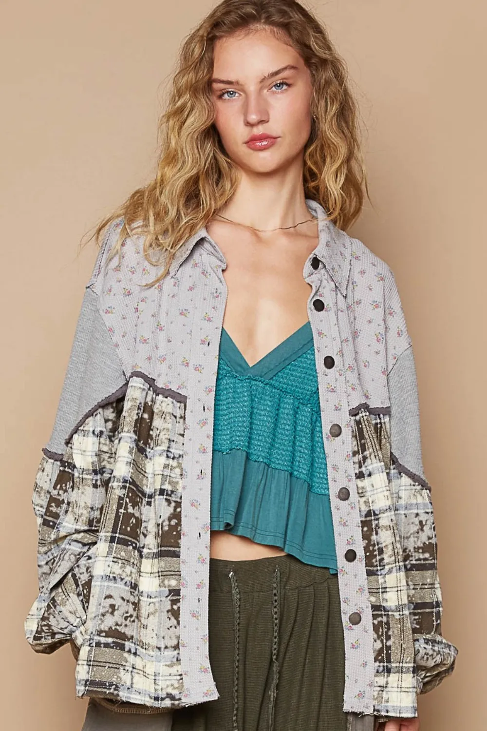 Balloon Sleeve Floral Color Block Plaid Shirt, image 4