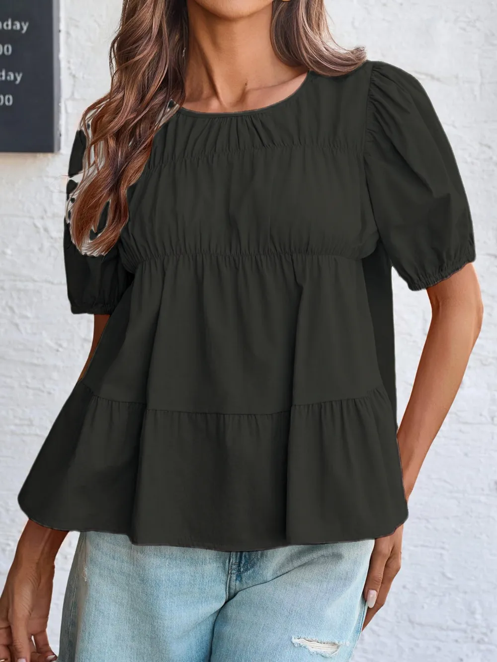 Round Neck Puff Sleeve Tiered Blouse, image 13