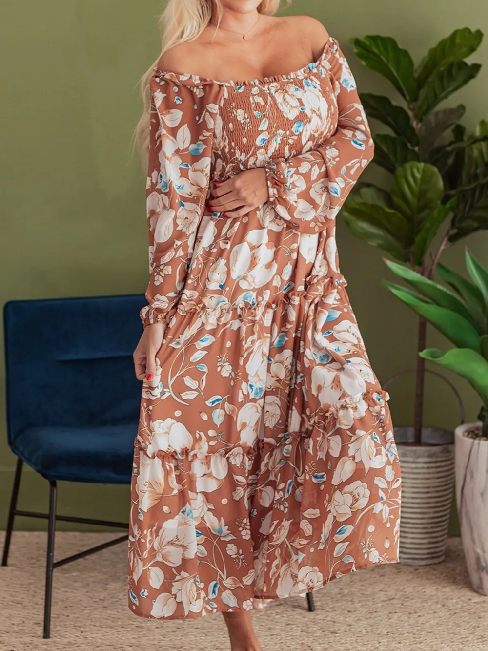 Smocked Printed Long Sleeve Tiered Dress, image 10
