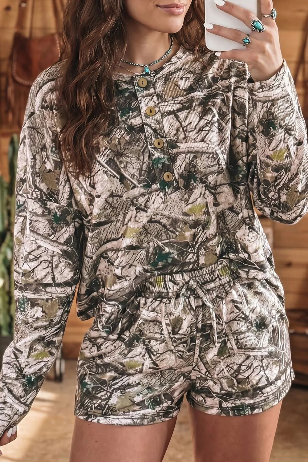 Camo Long Sleeve Top Elastic Waist Shorts Two Piece Set, image 2