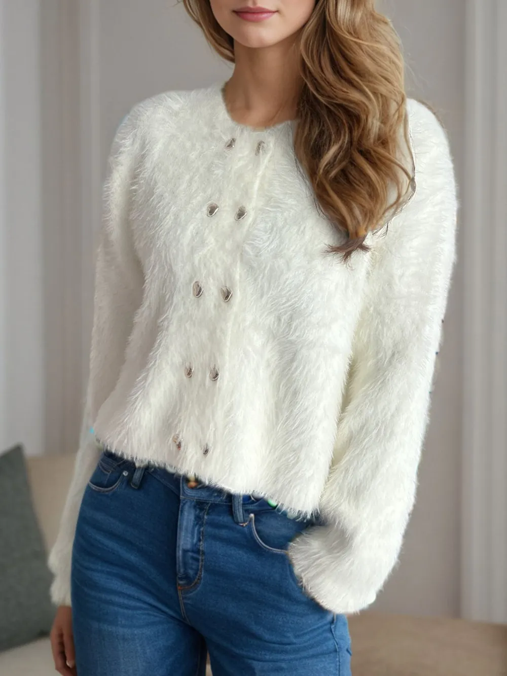 Heart Button Round Neck Cardigan, image 4