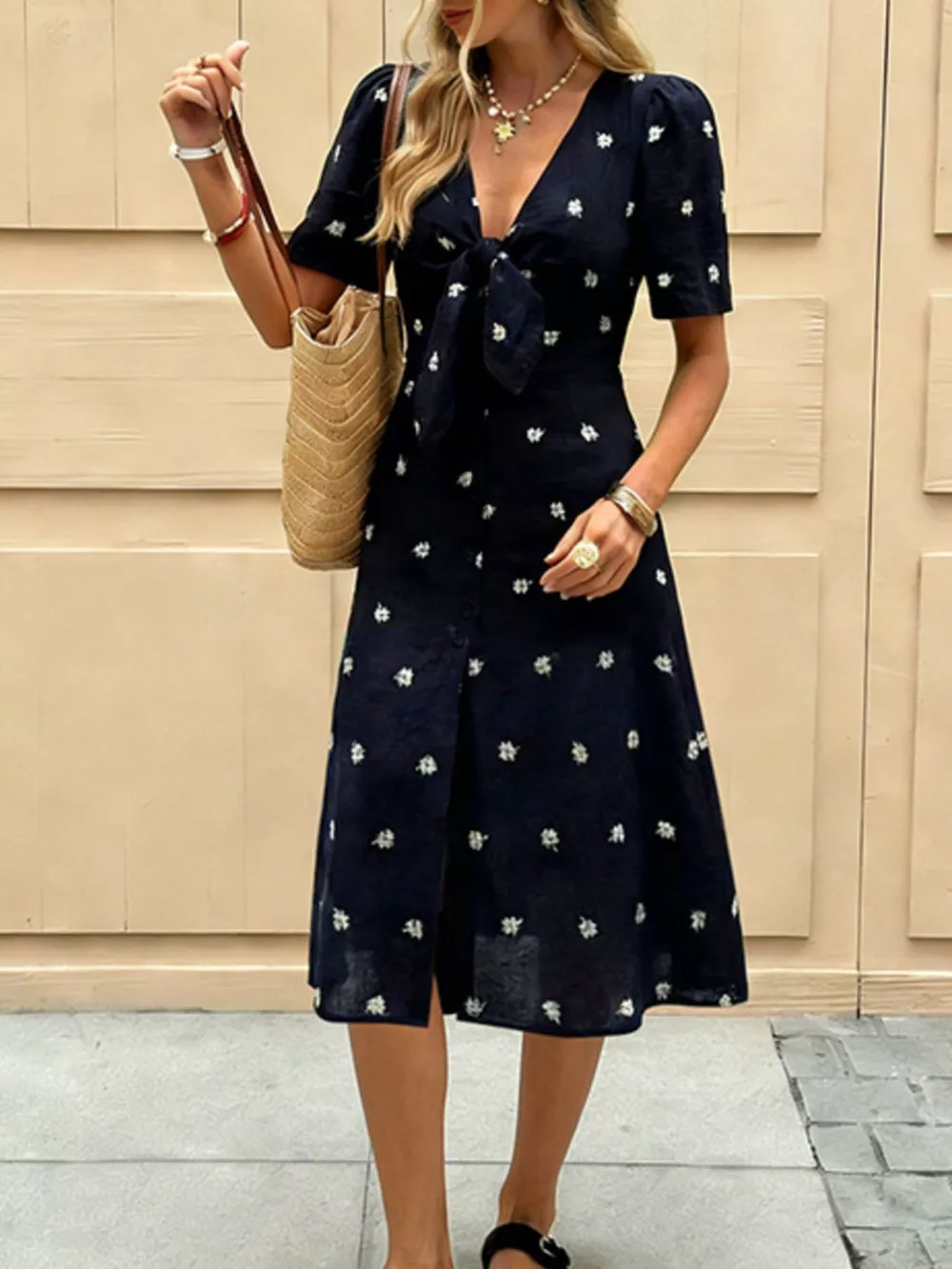 Daisy Print Tie-Front Midi Dress, image 3
