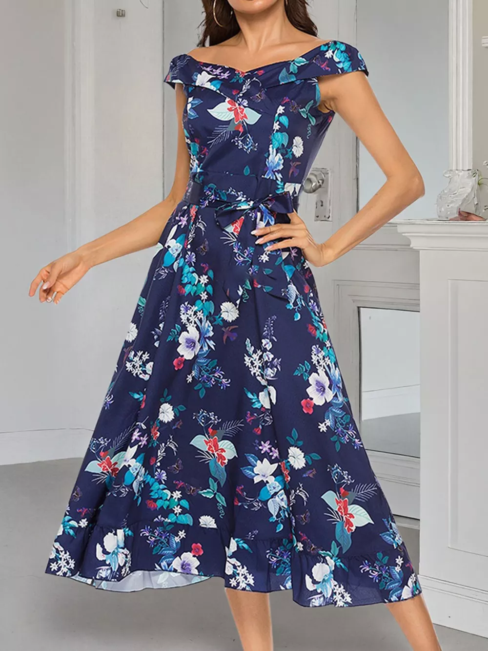 Floral Print Off Shoulder Midi Dress, image 2