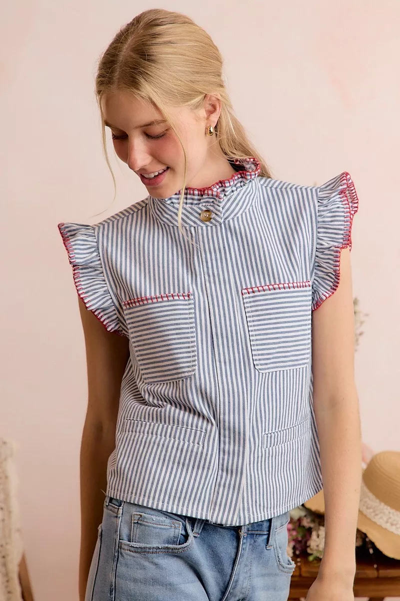 Stripe Twill Stitch Ruffled Hidden Button Vest Top, image 12