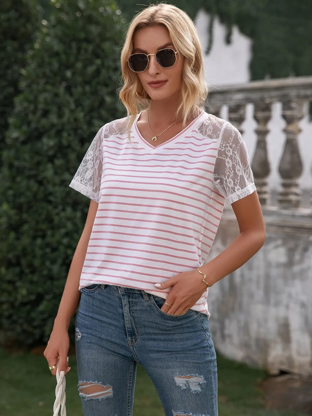Lace Detail Striped V-Neck T-Shirt, image 6