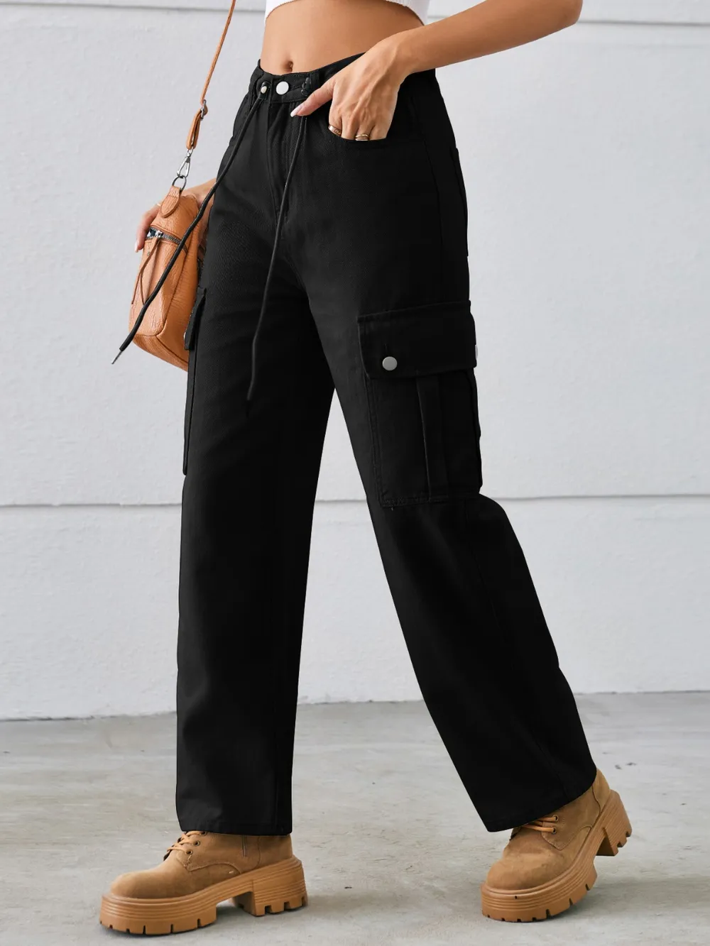 Drawstring Mid-Rise Waist Straight Cargo Jeans, image 14
