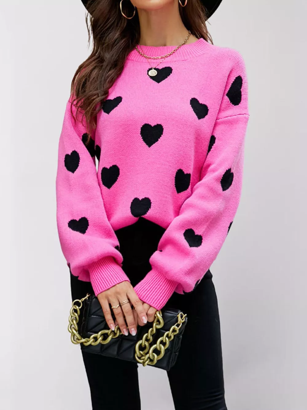 Heart-Patterned Dropped Shoulder Sweater, image 2