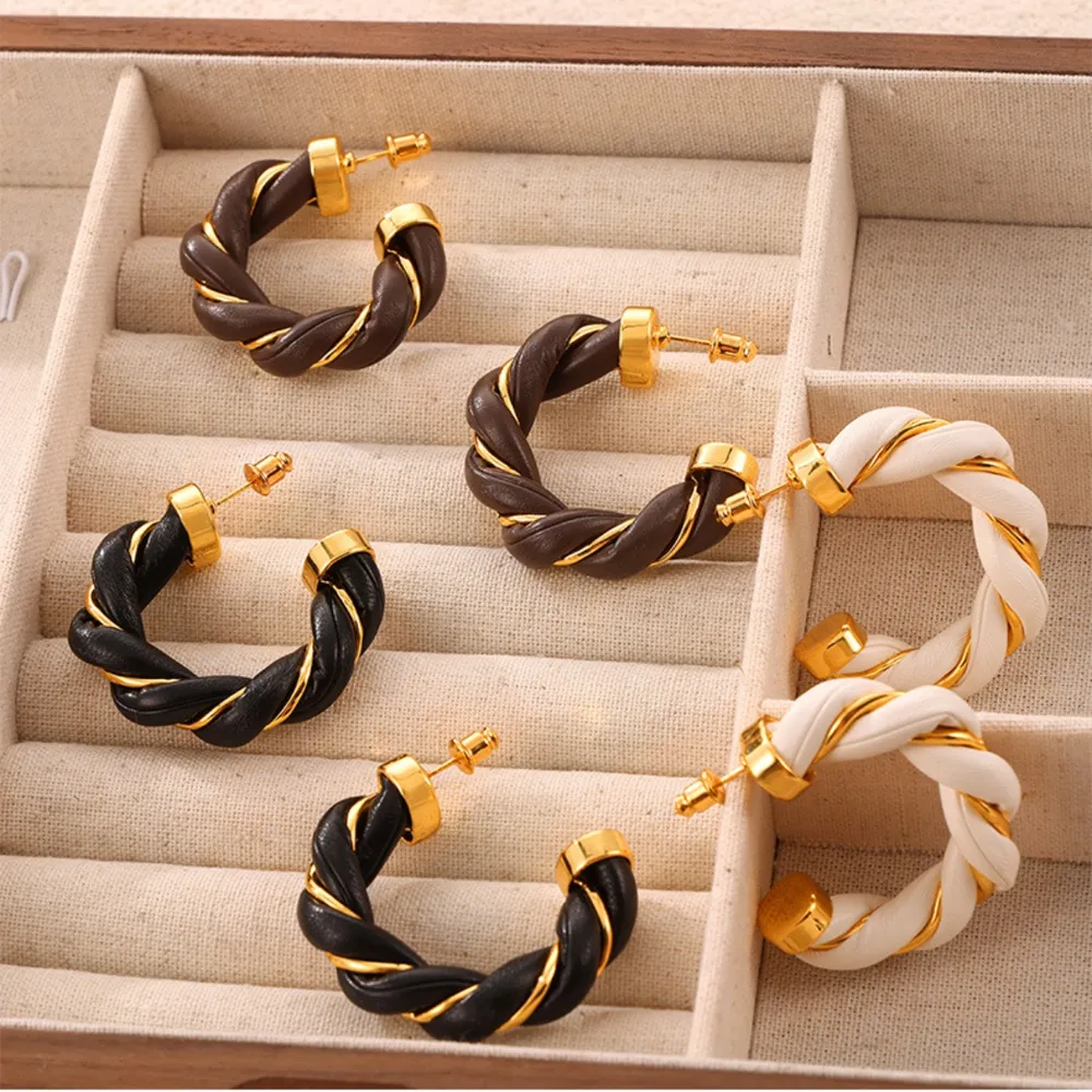Twisted Leather Rope C-Hoop Earrings, image 10
