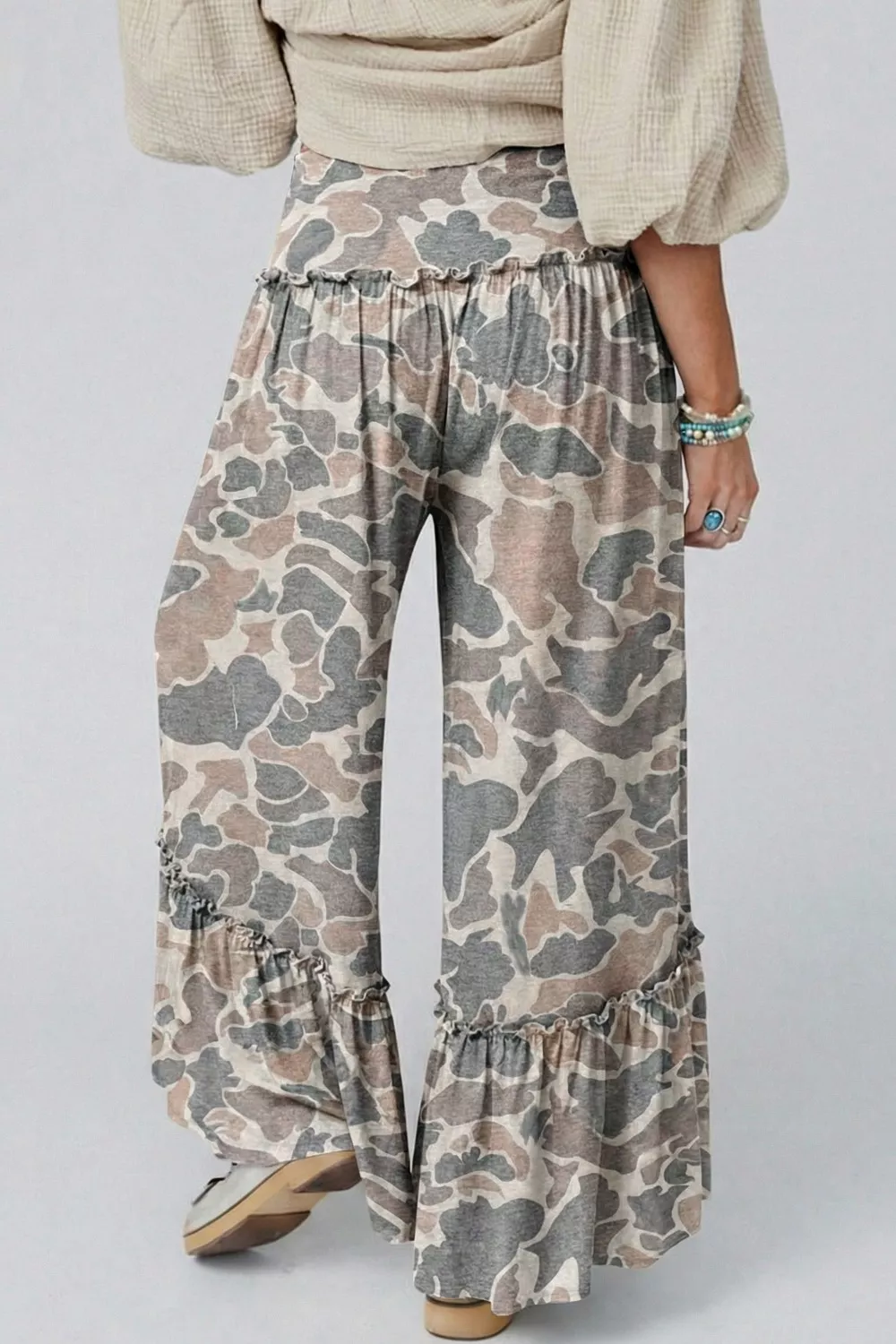 Camo Print Ruffle Hem Wide Leg Pants, image 2