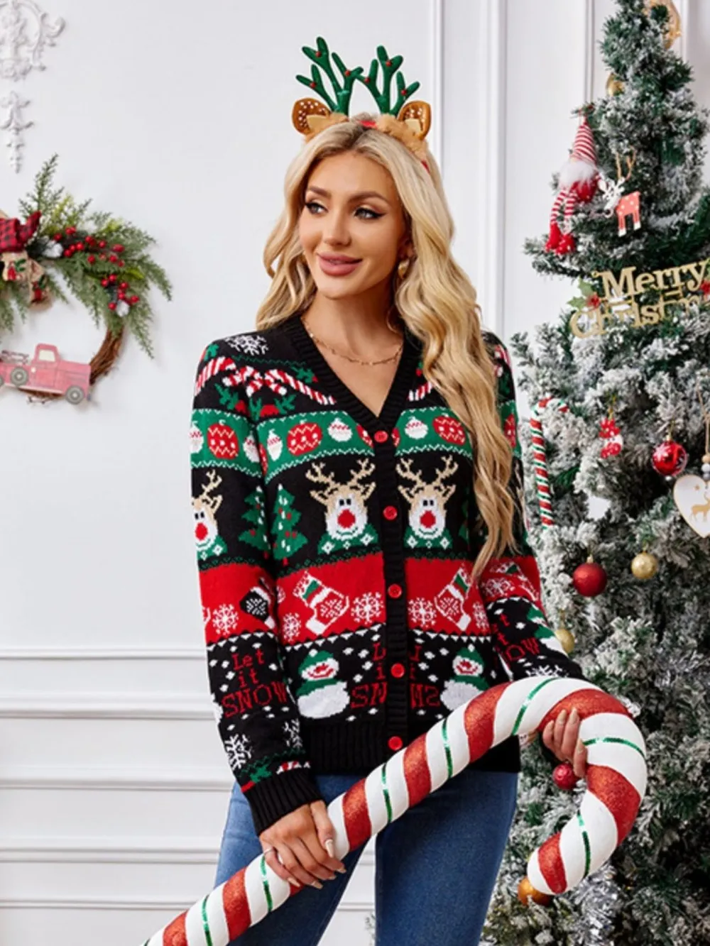 Reindeer Button Up Long Sleeve Cardigan, image 6