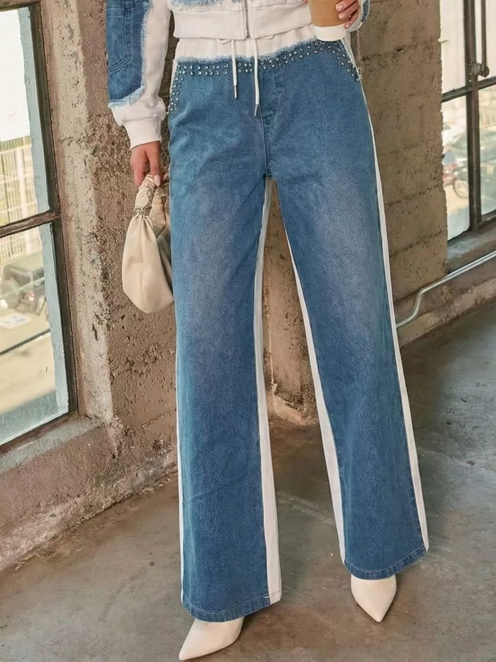 Full Size Studded Denim Patchwork Hoodie and Joggers Set Plus Size, image 5