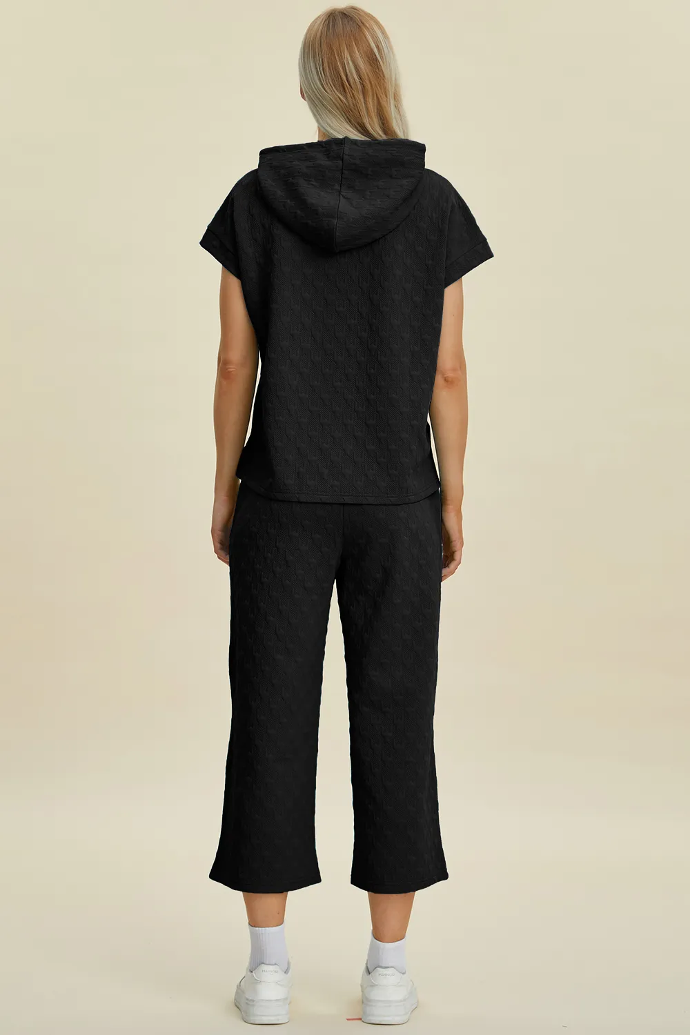 Full Size Texture Drawstring Short Sleeve Hoodie and Pocketed Pants Set, image 7