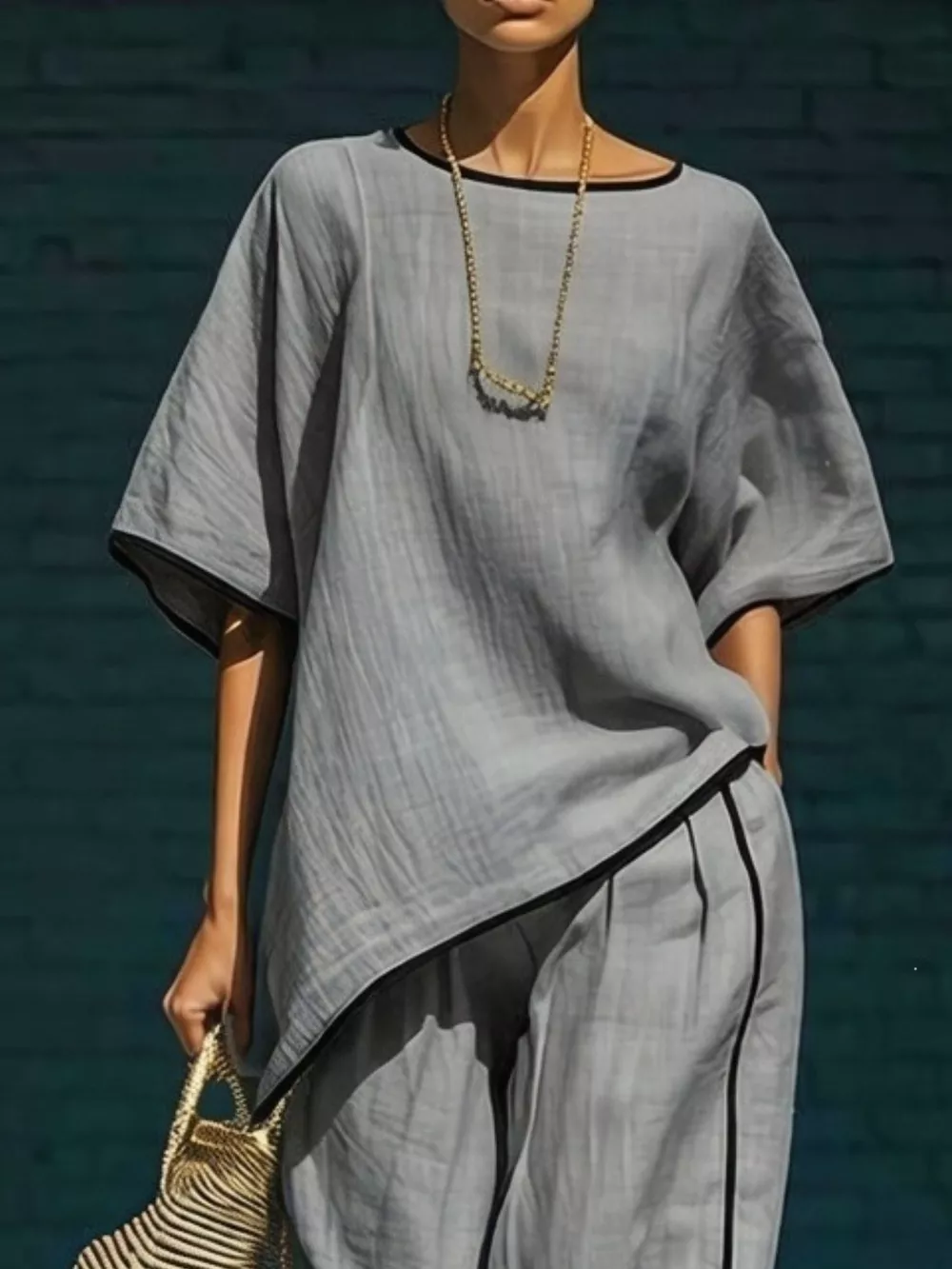 Contrast Trim Round Neck Top and Pants Set, image 12
