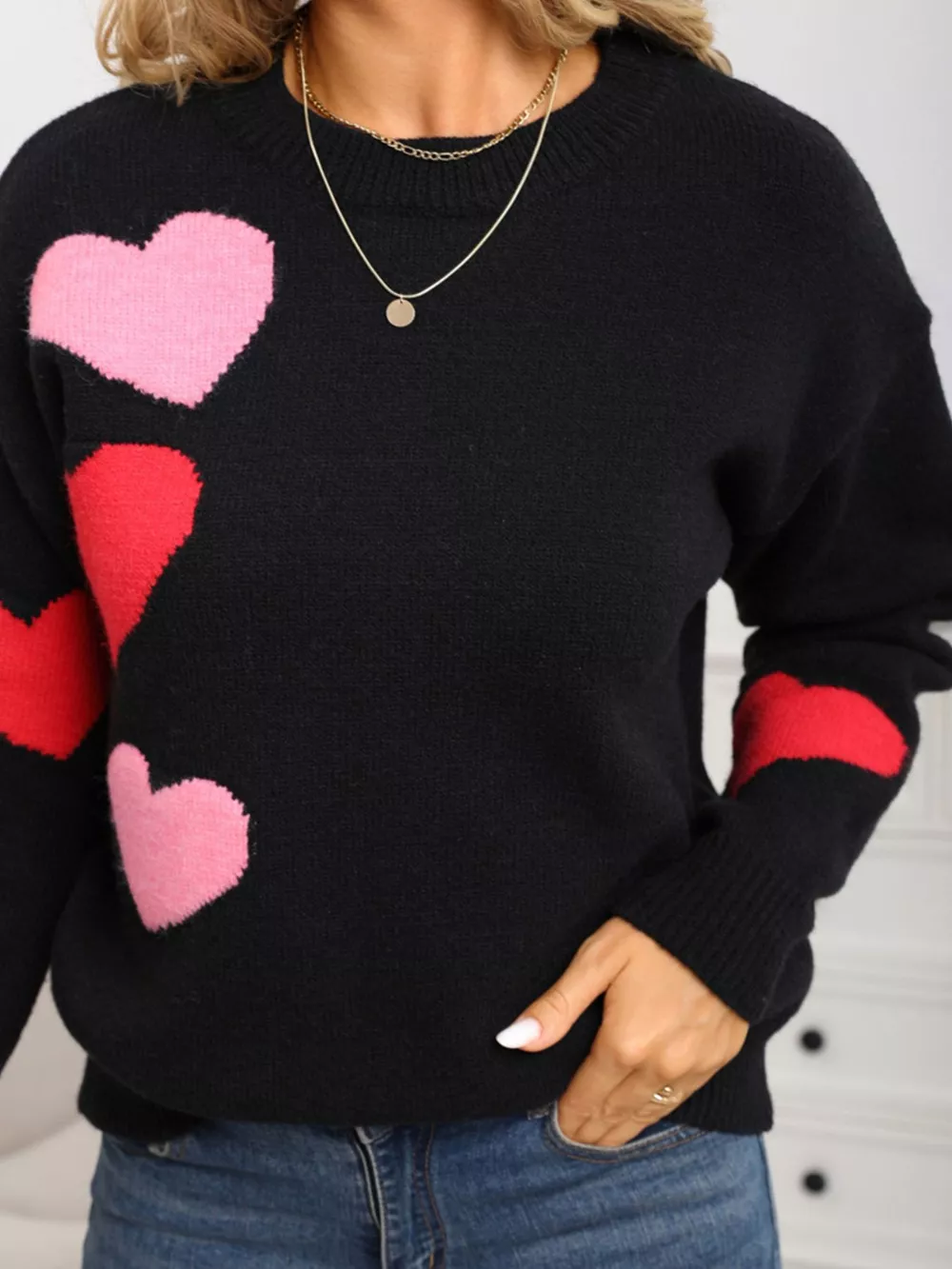 Valentine's Day Heart Pattern Round Neck Sweater, image 10