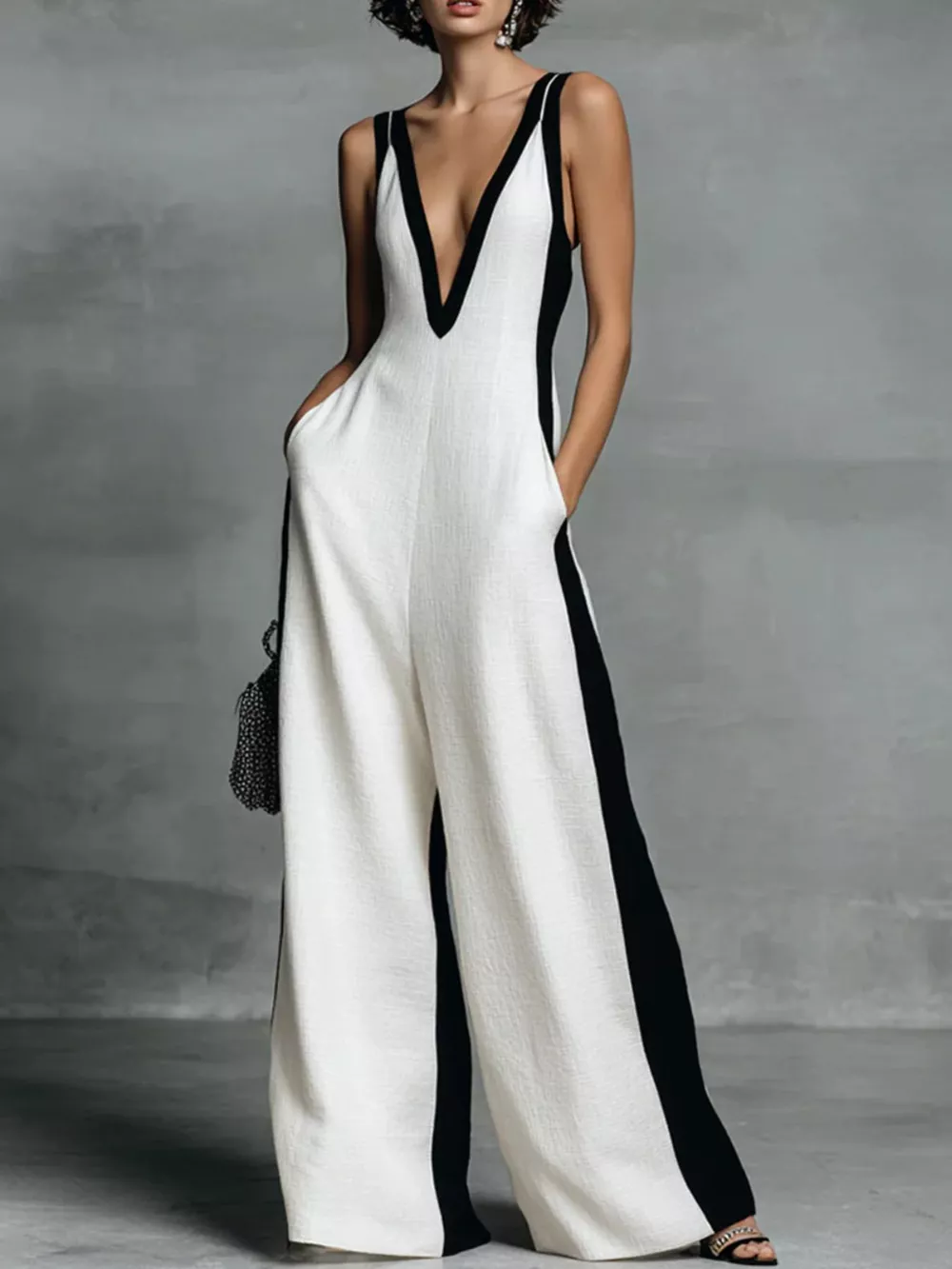 Contrast Trim V-Neck Sleeveless Jumpsuit, image 2