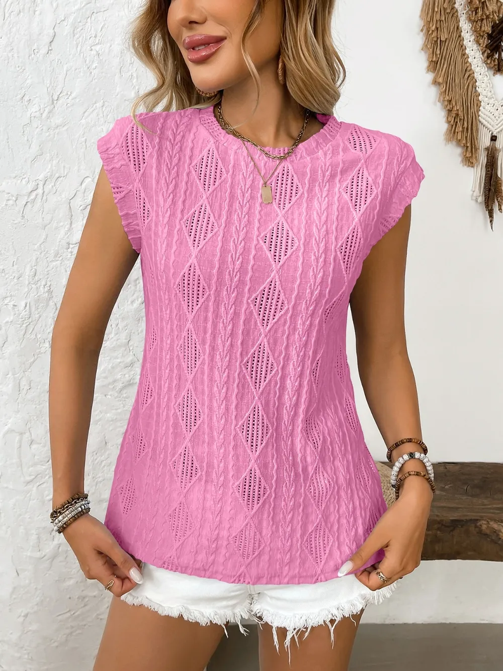 Eyelet Round Neck Cap Sleeve Top, image 17