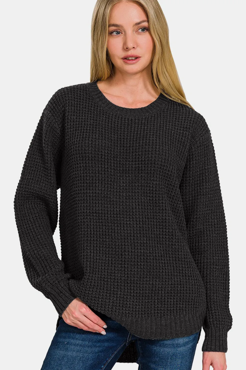 High Low Long Sleeve Waffle Sweater, image 3