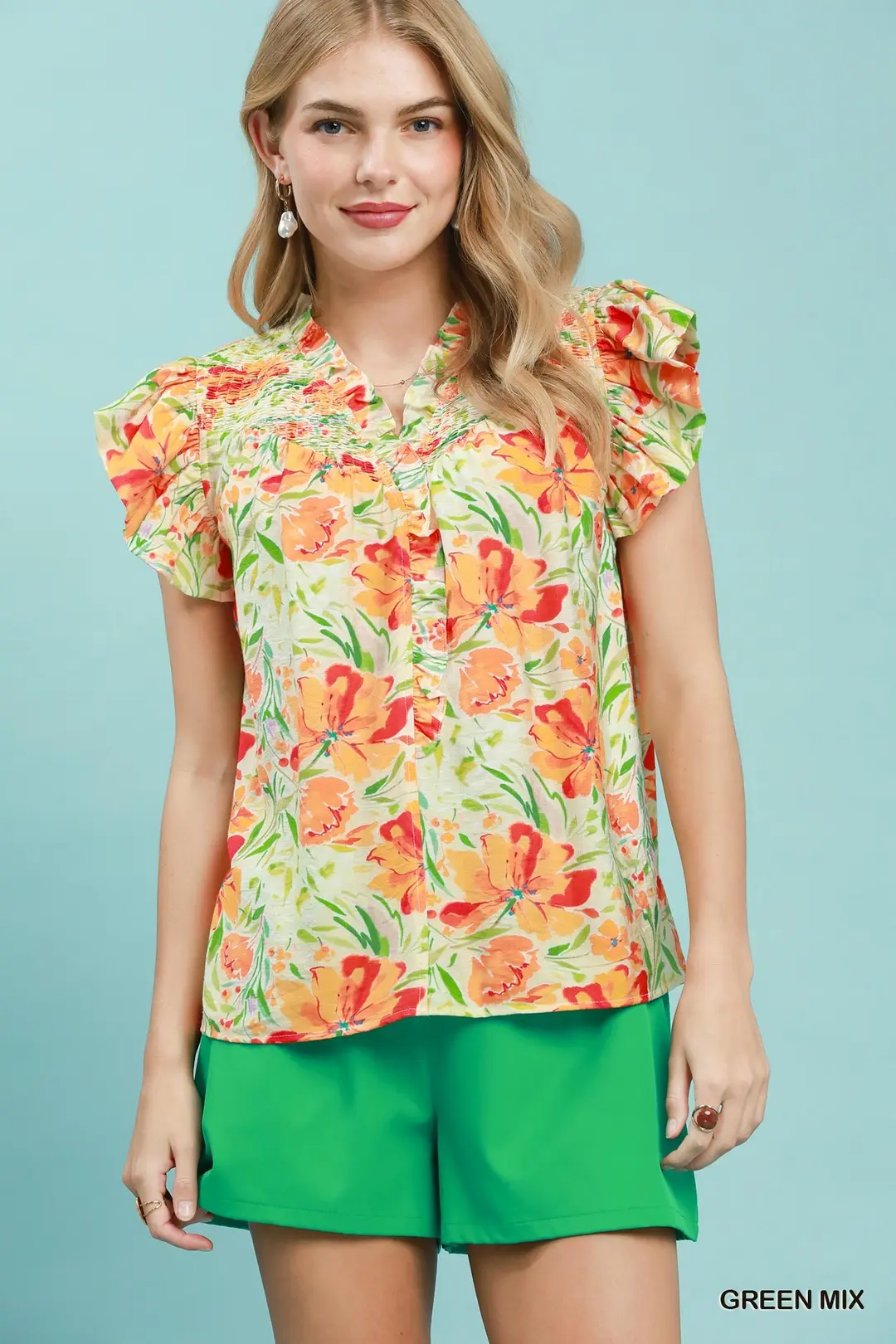 Smocked Yoke Ruffle Sleeve Floral Blouse
