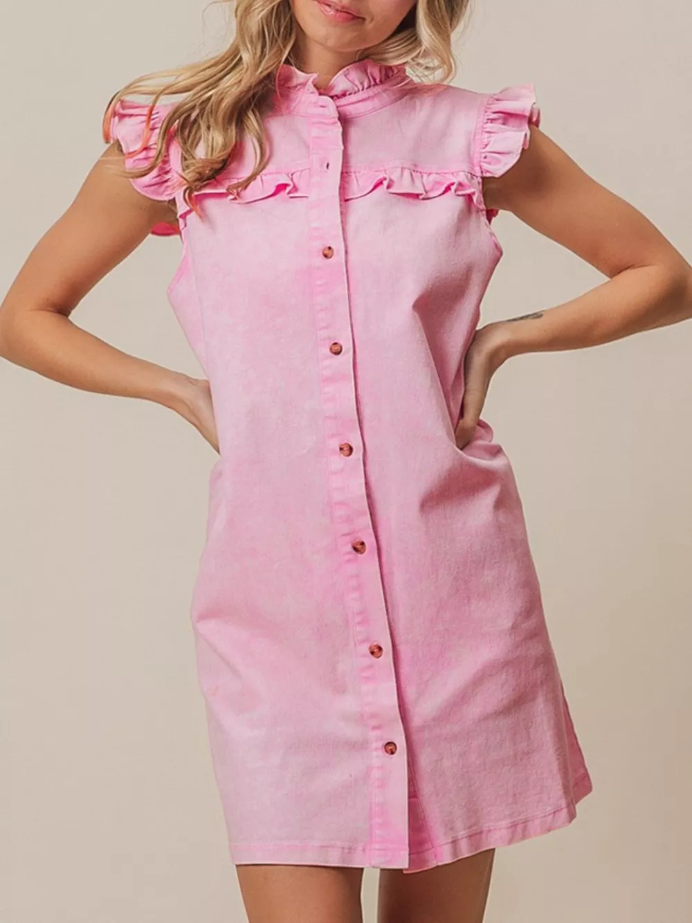 Ruffled Trim Button-Down Denim Dress, image 6