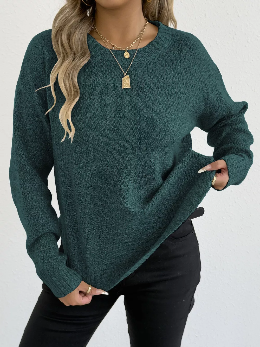 Textured Knit Relaxed Fit Round Neck Sweater, image 16