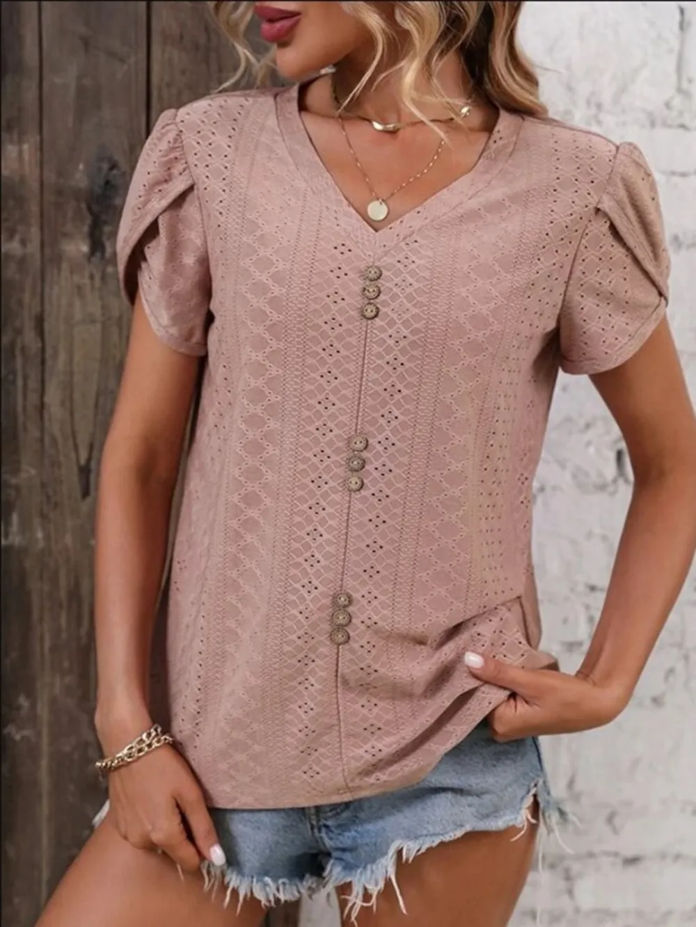 Eyelet V-Neck Petal Sleeve T-Shirt, image 21