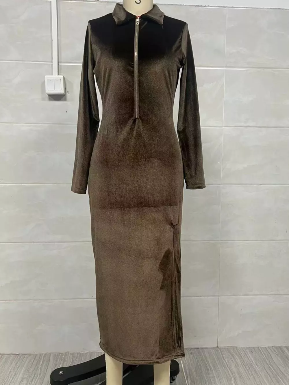 Velvet Zip-Front Slit Midi Dress, image 4