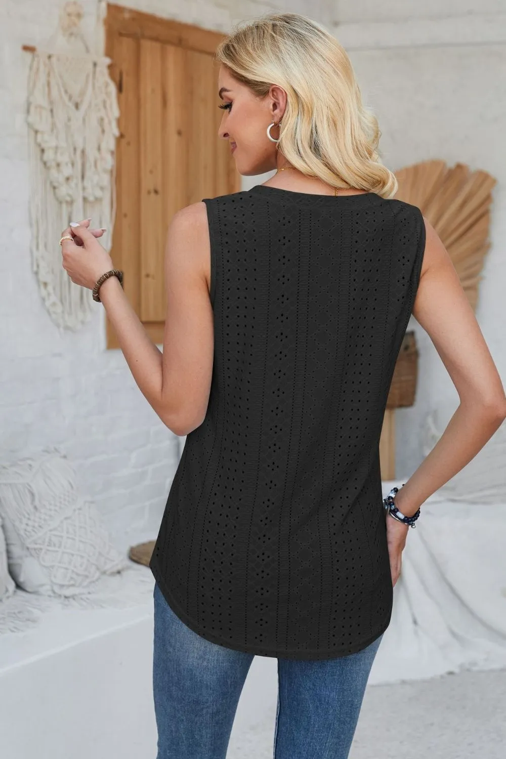 Eyelet Decorative Button V-Neck Tank, image 14