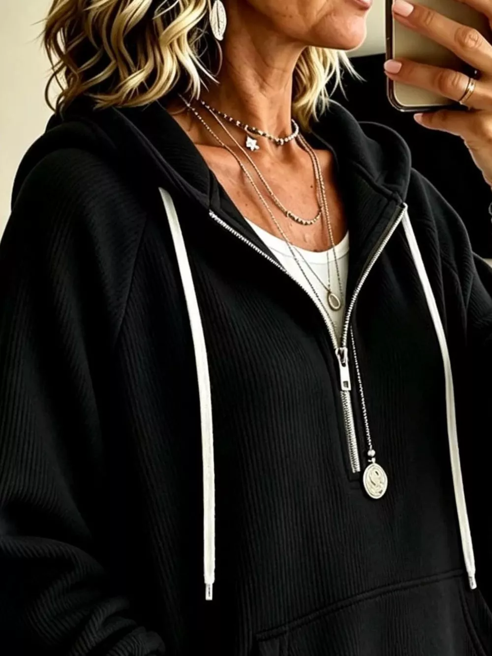 Ribbed Knit Quarter-Zip Hoodie with Kangaroo Pocket, image 8