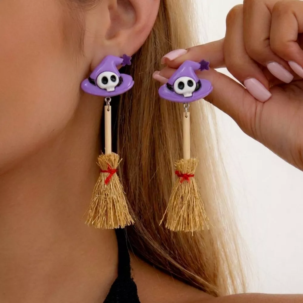 Halloween Witch Hat and Broomstick Dangle Earrings, image 2