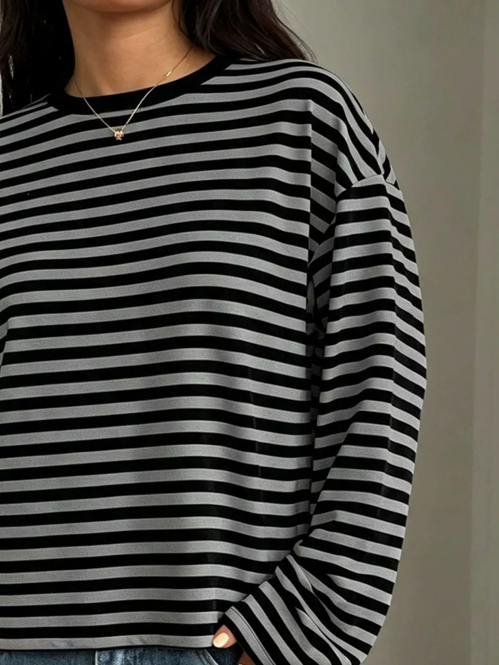 Full Size Casual Long-Sleeve Striped Crew Neck T-Shirt Plus Size, image 2