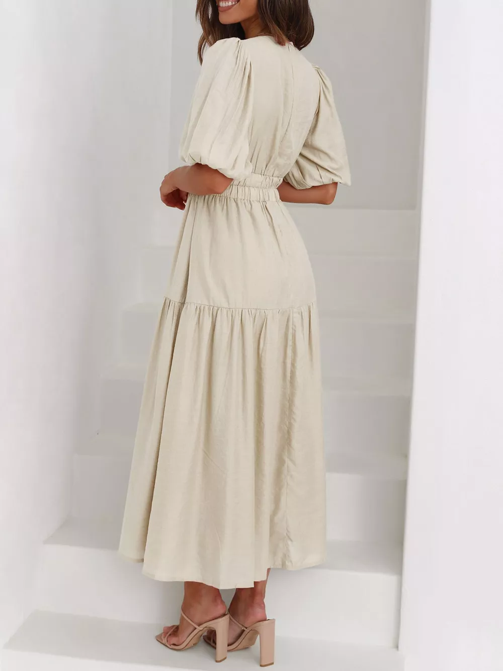 Elegant Puff Sleeve V-Neck Midi Dress, image 3