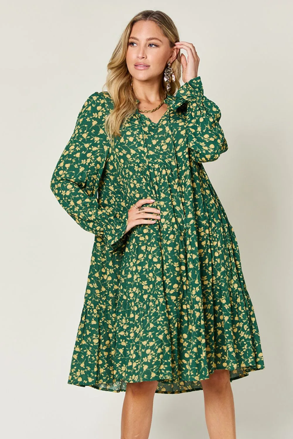 Full Size Printed Ruffle Hem Long Sleeve Tiered Dress, image 17