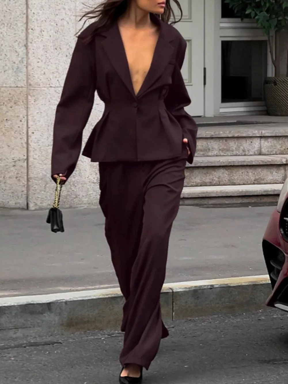 One-Button Blazer and Wide-Leg Pants Set, image 2