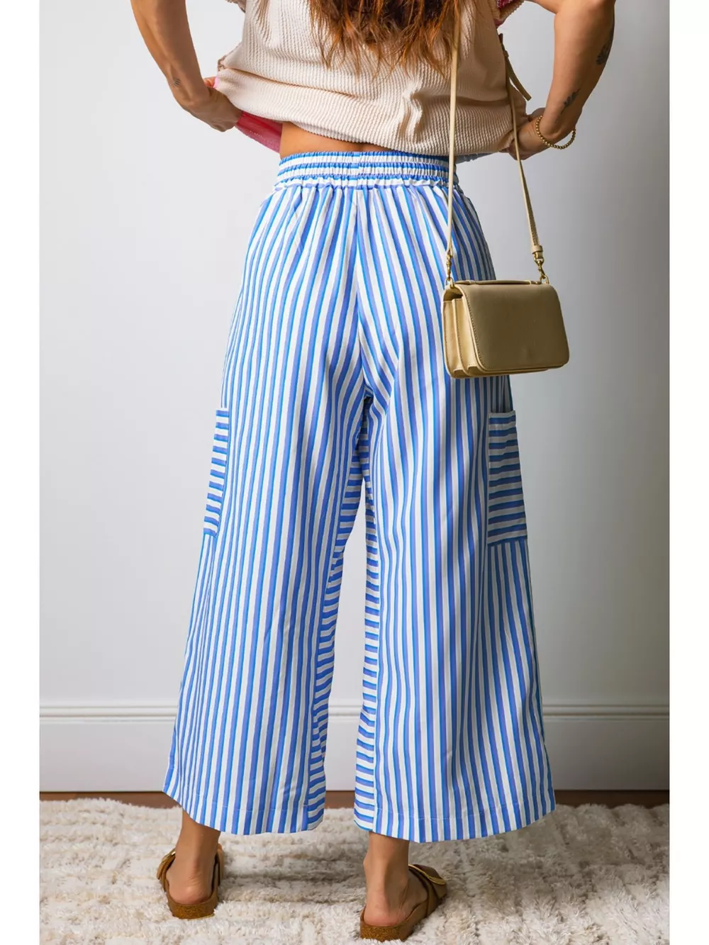 Stripe Drawstring Elastic Waist Patch Pocket Wide Leg Ankle-length Pants, image 2