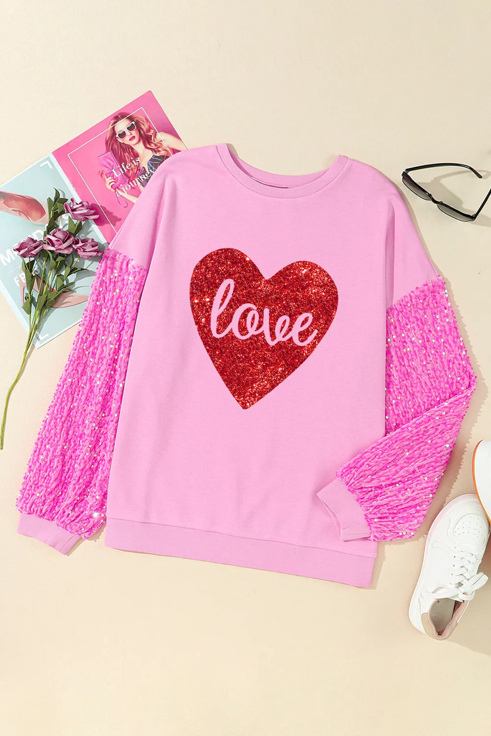 LOVE Heart Sequin Dropped Shoulder Sweatshirt, image 3