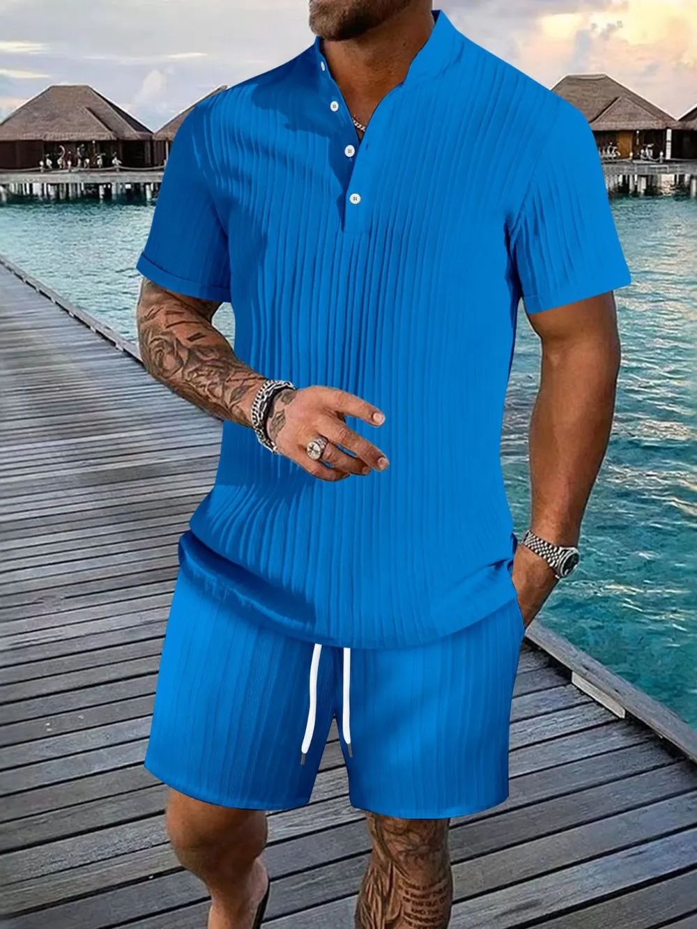 Men's Full Size Button Detail Short Sleeve Top and Shorts Set Plus Size, image 6