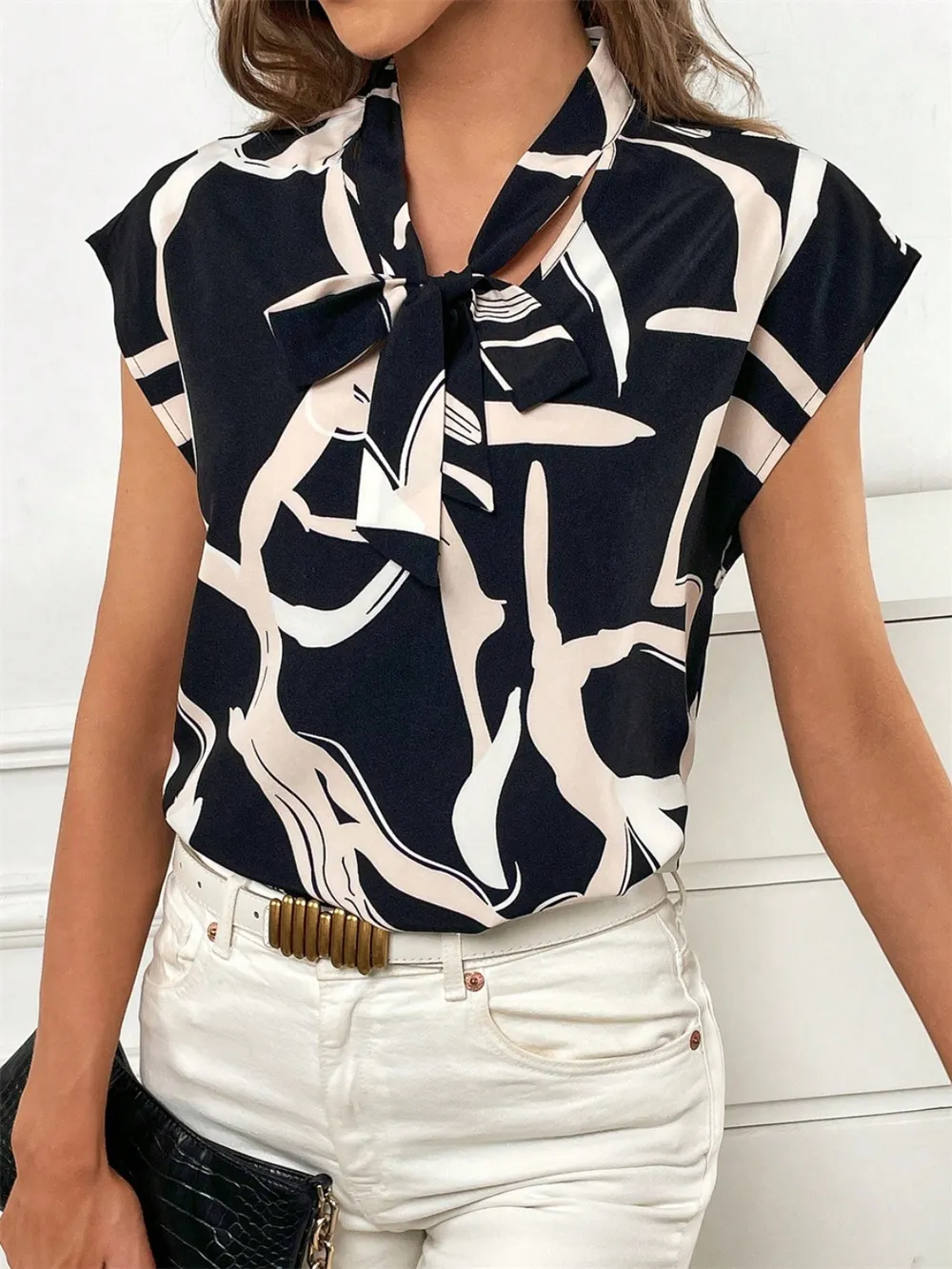 Printed Tie Neck Cap Sleeve Blouse, image 2