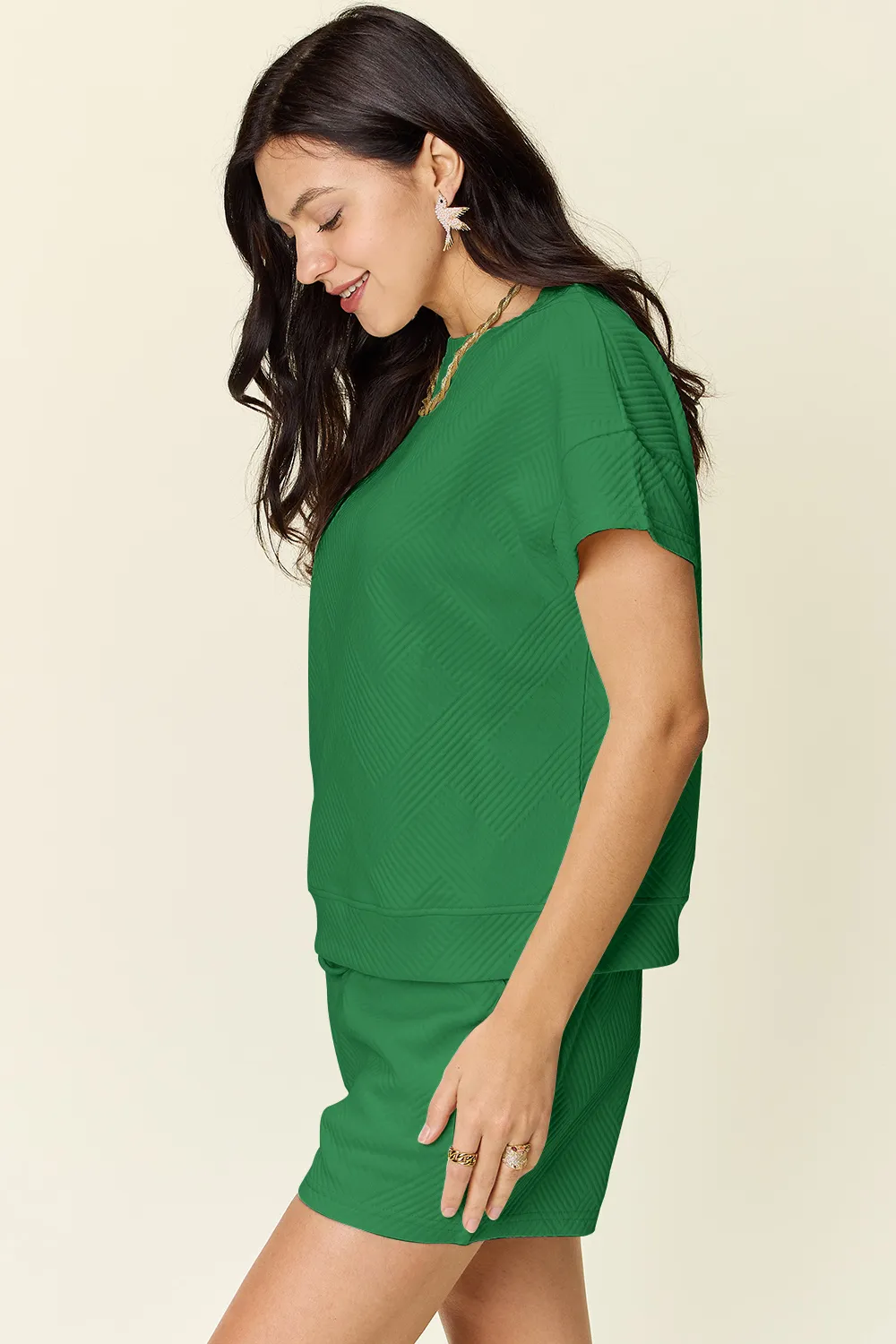 Full Size Texture Short Sleeve T-Shirt and Drawstring Shorts Set, image 28
