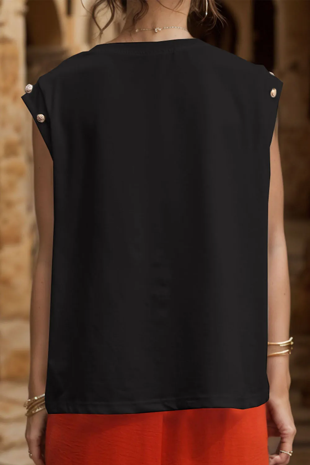 Decorative Button Round Neck T-Shirt, image 29