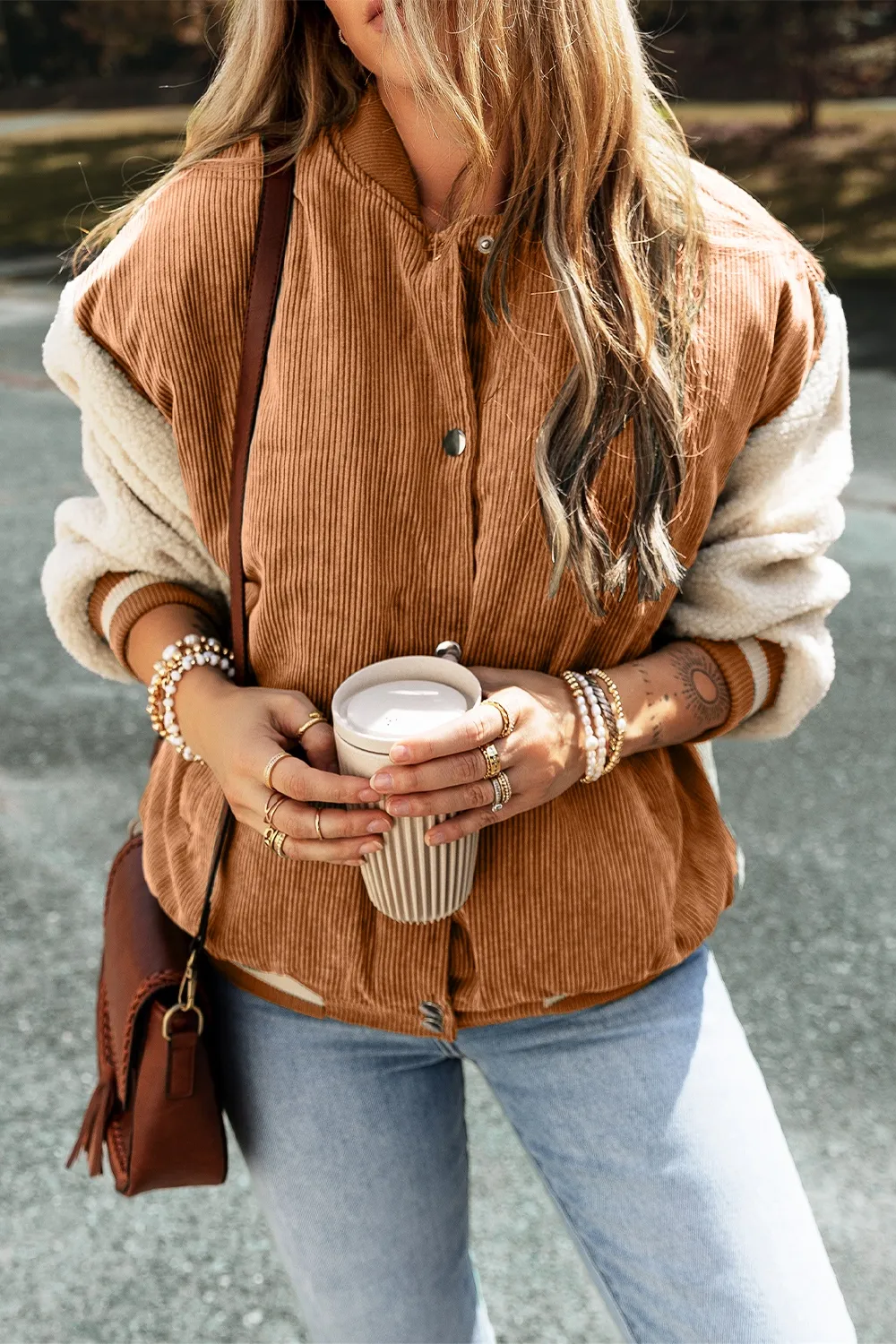 Contrast Baseball Collar Snap Down Long Sleeve Jacket, image 16